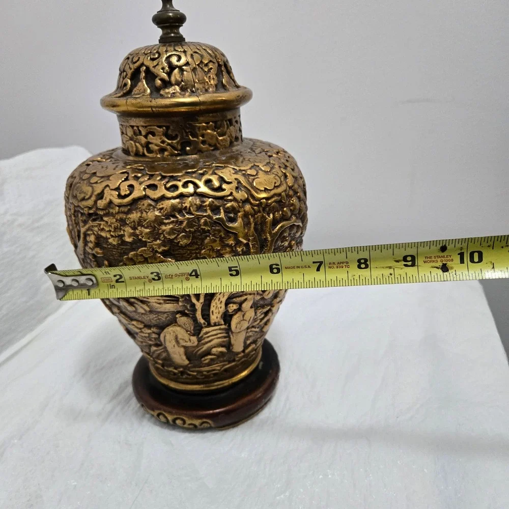 Vintage Chinese Gold Cinnabar Ginger Jar Urn Carved Relief Landscape 11.5in